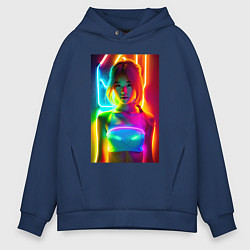 Толстовка оверсайз мужская Japanese girl - neon glow - neural network, цвет: тёмно-синий