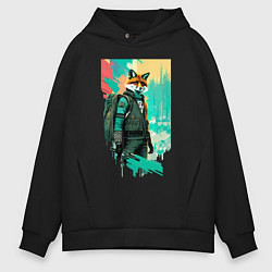 Толстовка оверсайз мужская Лис-геолог - нейросеть, цвет: черный