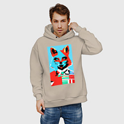 Толстовка оверсайз мужская Морда лисы - поп-арт - нейросеть, цвет: миндальный — фото 2