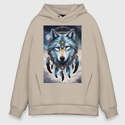 Толстовка оверсайз мужская Шаман волк, цвет: миндальный