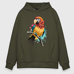 Толстовка оверсайз мужская Акварельный попугай, цвет: хаки