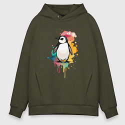 Толстовка оверсайз мужская Красочный пингвин, цвет: хаки