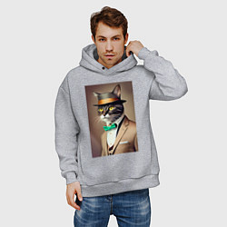 Толстовка оверсайз мужская Портрет кота джентльмена в шляпе, цвет: меланж — фото 2