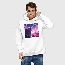 Толстовка оверсайз мужская Аниме пейзаж с котом, цвет: белый — фото 2