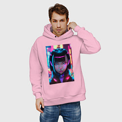 Толстовка оверсайз мужская Девушка киберпанк с черными волосами, цвет: светло-розовый — фото 2