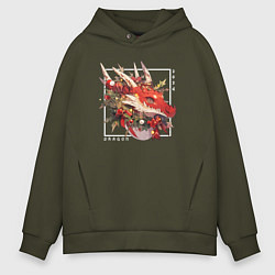 Толстовка оверсайз мужская Christmas red dragon, цвет: хаки