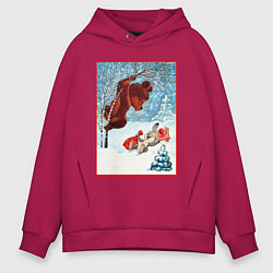 Толстовка оверсайз мужская Медведь на дереве и заяц, цвет: маджента