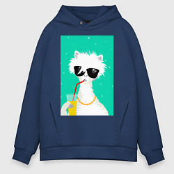 Толстовка оверсайз мужская Лама-альпака на чиле с бокалом, цвет: тёмно-синий