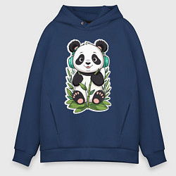 Толстовка оверсайз мужская Медвежонок панды в наушниках, цвет: тёмно-синий
