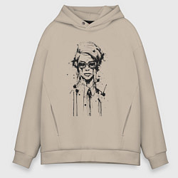 Толстовка оверсайз мужская Девушка чёрно белый поп арт, цвет: миндальный