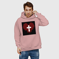 Толстовка оверсайз мужская Сердце крест черный квадрат, цвет: пыльно-розовый — фото 2