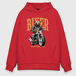 Толстовка оверсайз мужская Байкер медведь на мотоцикле, цвет: красный