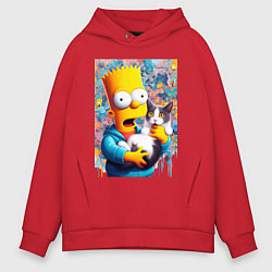 Толстовка оверсайз мужская Bart Simpson with a kitten - ai art, цвет: красный