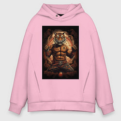 Толстовка оверсайз мужская Тайский бокс тигр в стойке, цвет: светло-розовый