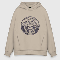 Толстовка оверсайз мужская Ленивец турист с рюкзаком, цвет: миндальный