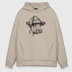 Толстовка оверсайз мужская Новогодняя Буренка, цвет: миндальный