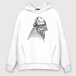 Толстовка оверсайз мужская Петушок в новогоднем колпаке, цвет: белый