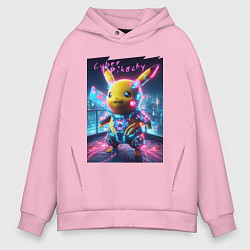 Толстовка оверсайз мужская Cyber Pikachu - neon glow ai art fantasy, цвет: светло-розовый