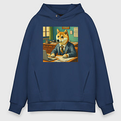 Толстовка оверсайз мужская Мемная собака Doge в костюме грустно работает за с, цвет: тёмно-синий