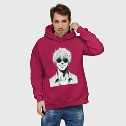 Толстовка оверсайз мужская Магическая битва Сатору Годзё в очках, цвет: маджента — фото 2