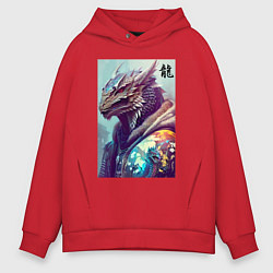 Толстовка оверсайз мужская Cool dragon - hieroglyph ai art, цвет: красный