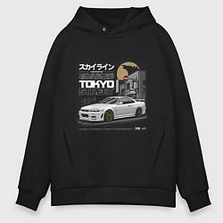 Толстовка оверсайз мужская Nissan Skyline годзила, цвет: черный