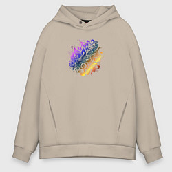 Толстовка оверсайз мужская Орнамент со скрипичным ключом, цвет: миндальный