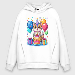 Толстовка оверсайз мужская День рождения кота, цвет: белый