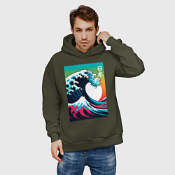 Толстовка оверсайз мужская Japanese wave - ai art, цвет: хаки — фото 2