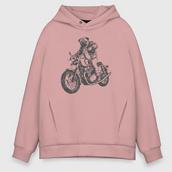 Толстовка оверсайз мужская Мопс байкер на мотоцикле чоппере, цвет: пыльно-розовый
