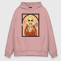 Толстовка оверсайз мужская Пришелец и кот-единорог, цвет: пыльно-розовый
