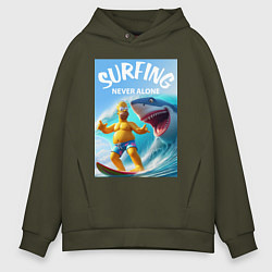 Толстовка оверсайз мужская Homer Simpson and shark - surfing never alone, цвет: хаки