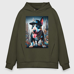 Толстовка оверсайз мужская Funny bull terrier in New York - ai art, цвет: хаки