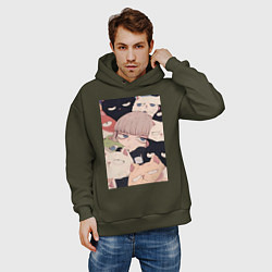 Толстовка оверсайз мужская Девушка с котиками, цвет: хаки — фото 2
