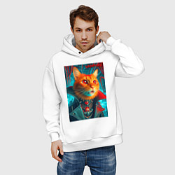 Толстовка оверсайз мужская Рыжий кот вампир - нейроарт, цвет: белый — фото 2