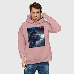 Толстовка оверсайз мужская Cyber black cat - ai art fantasy, цвет: пыльно-розовый — фото 2