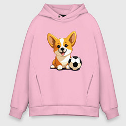 Толстовка оверсайз мужская Корги с футбольным мячом, цвет: светло-розовый