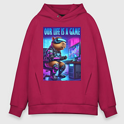 Толстовка оверсайз мужская Капибара заядлый геймер - неоновое свечение, цвет: маджента