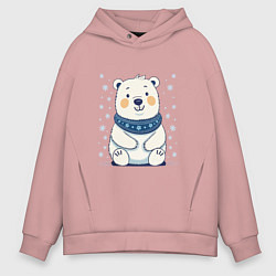 Толстовка оверсайз мужская Полярный белый медведь и снежинки, цвет: пыльно-розовый