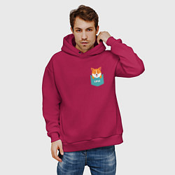 Толстовка оверсайз мужская Милый щенок корги в кармашке, цвет: маджента — фото 2