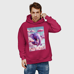 Толстовка оверсайз мужская Розовый слон под зонтом в облаках, цвет: маджента — фото 2