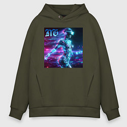 Толстовка оверсайз мужская Neon cyber girl - ai art, цвет: хаки