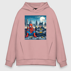 Толстовка оверсайз мужская Человек паук и Бэтмен пьют пиво на крыше небоскрёб, цвет: пыльно-розовый