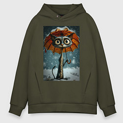 Толстовка оверсайз мужская Уличный кот под мокром снегом, цвет: хаки