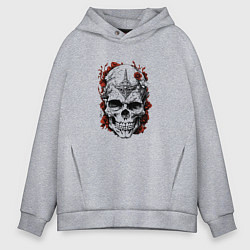 Толстовка оверсайз мужская Череп с красными цветами, цвет: меланж