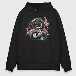 Толстовка оверсайз мужская Japanese dragon and sakura - irezumi, цвет: черный