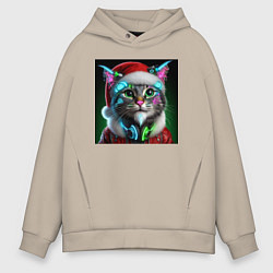 Толстовка оверсайз мужская Новогодний кибер котик - нейроарт, цвет: миндальный