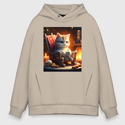 Толстовка оверсайз мужская Уютный кот у камина с чашкой какао, цвет: миндальный