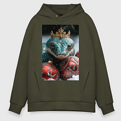 Толстовка оверсайз мужская Новогодняя змея королева, цвет: хаки