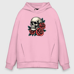 Толстовка оверсайз мужская Череп с красными розами и листьями, цвет: светло-розовый